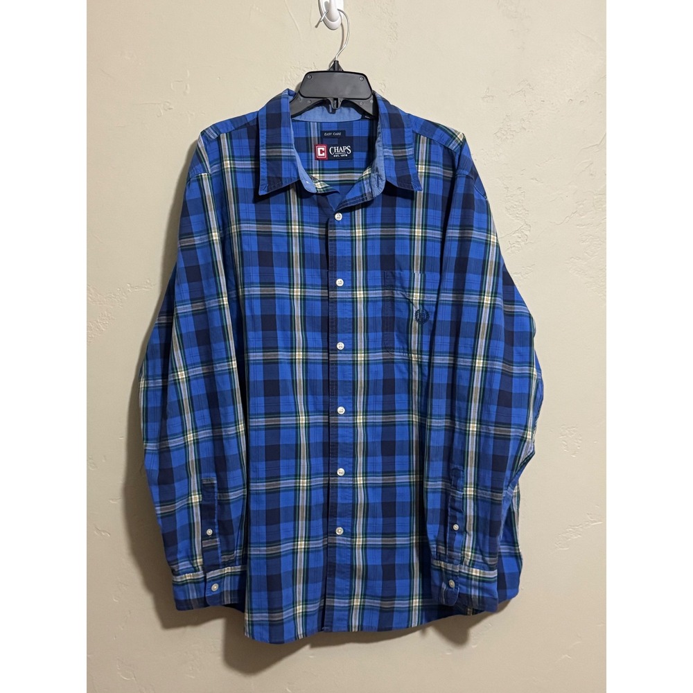 CHAPS Plaid Shirt Mens XXL Blue Green Yellow Madras Check Easy Care 60/40